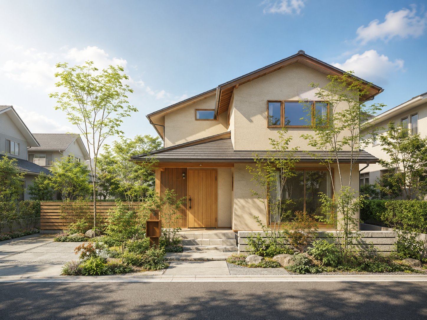 自然素材の戸建て住宅外観パース