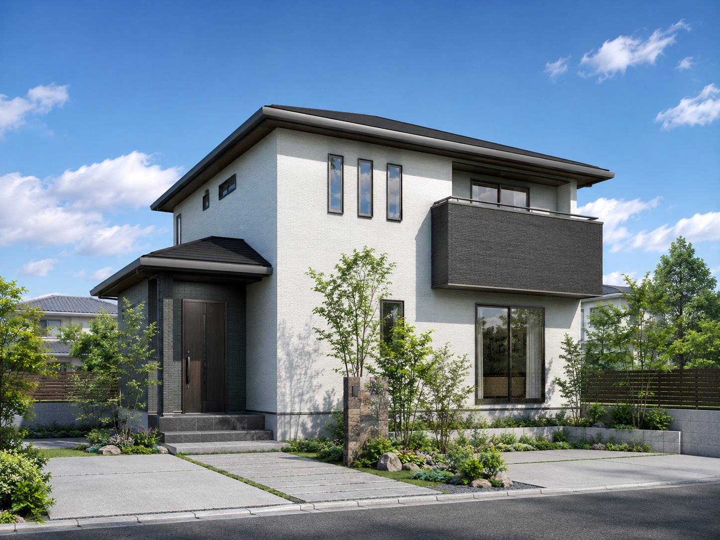 白とグレーの戸建て住宅外観パース