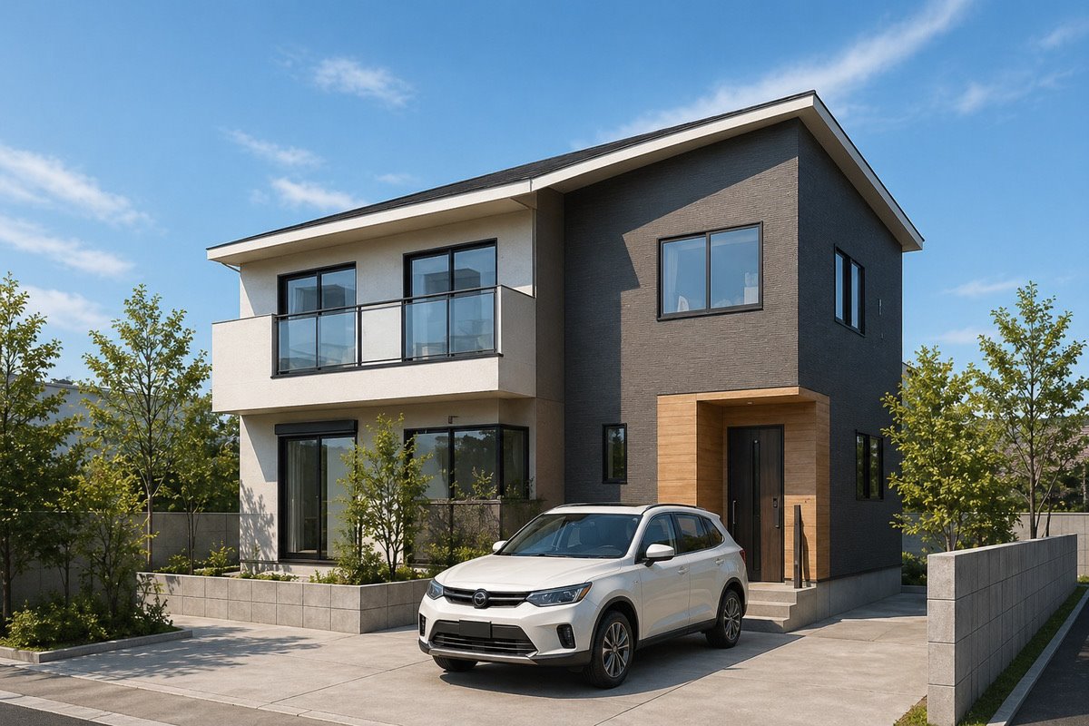 白とグレーを基調にした戸建て住宅の外観パース